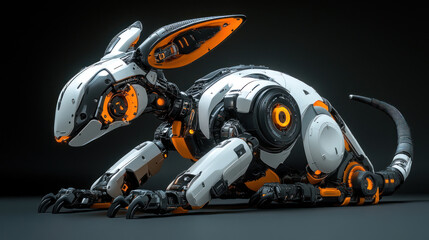 Cybernetic rabbit robot, low-angle view. 