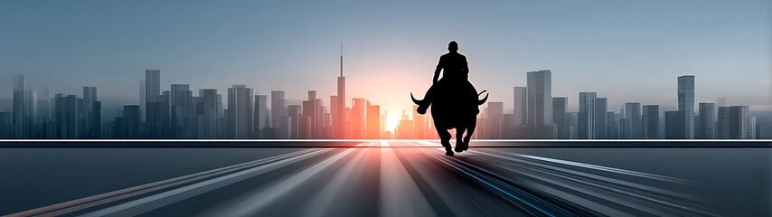 Silhouette of a person riding a bull on a highway in a city