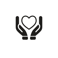 Black isolated outline icon of heart in hands on white background. Line icon of heart and hands. Symbol of care, love, charity.