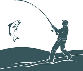 Silhouette of Fisherman Casting Rod from Shoreline – Caught Fish Leaping from Water Amid Rolling Waves and Stylized Landscape – Dynamic Outdoor Vector for Fishing, Adventure, and Nature Scenes