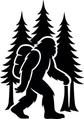 Bigfoot is hiking through tall trees
