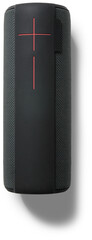 A portable speaker designed for music playback, featuring a sleek black exterior with a red accent.