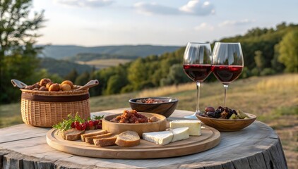 Romanian Dishes Rustic Outdoor Feast Red Wine Cheese Bread