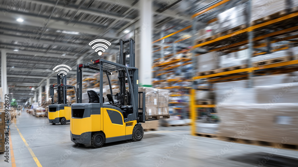 Poster smart factory aisle with automated forklifts moving raw materials and finished goods, sleek machiner