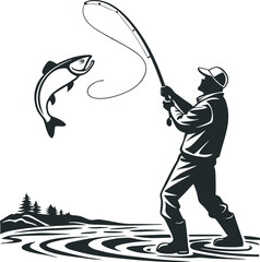 Silhouette of Fisherman Reeling in Leaping Fish – Standing in Shallow Water with Rod in Hand, Surrounded by Stylized Waves and Trees – Scenic Outdoor Vector for Fishing, Nature, and Adventure Themes
