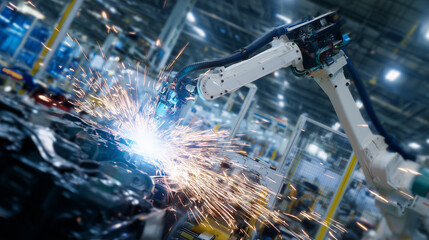 Close-up of a robotic arm welding automotive components with precision sparks flying, surrounded by sensors and safety barriers in a spotless automated environment