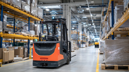 Smart factory aisle with automated forklifts moving raw materials and finished goods, sleek machinery equipped with IoT sensors communicating wirelessly in a high-efficiency layout