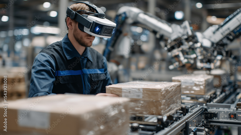 Poster smart factory packaging line where robots wrap and label products autonomously, led indicator lights