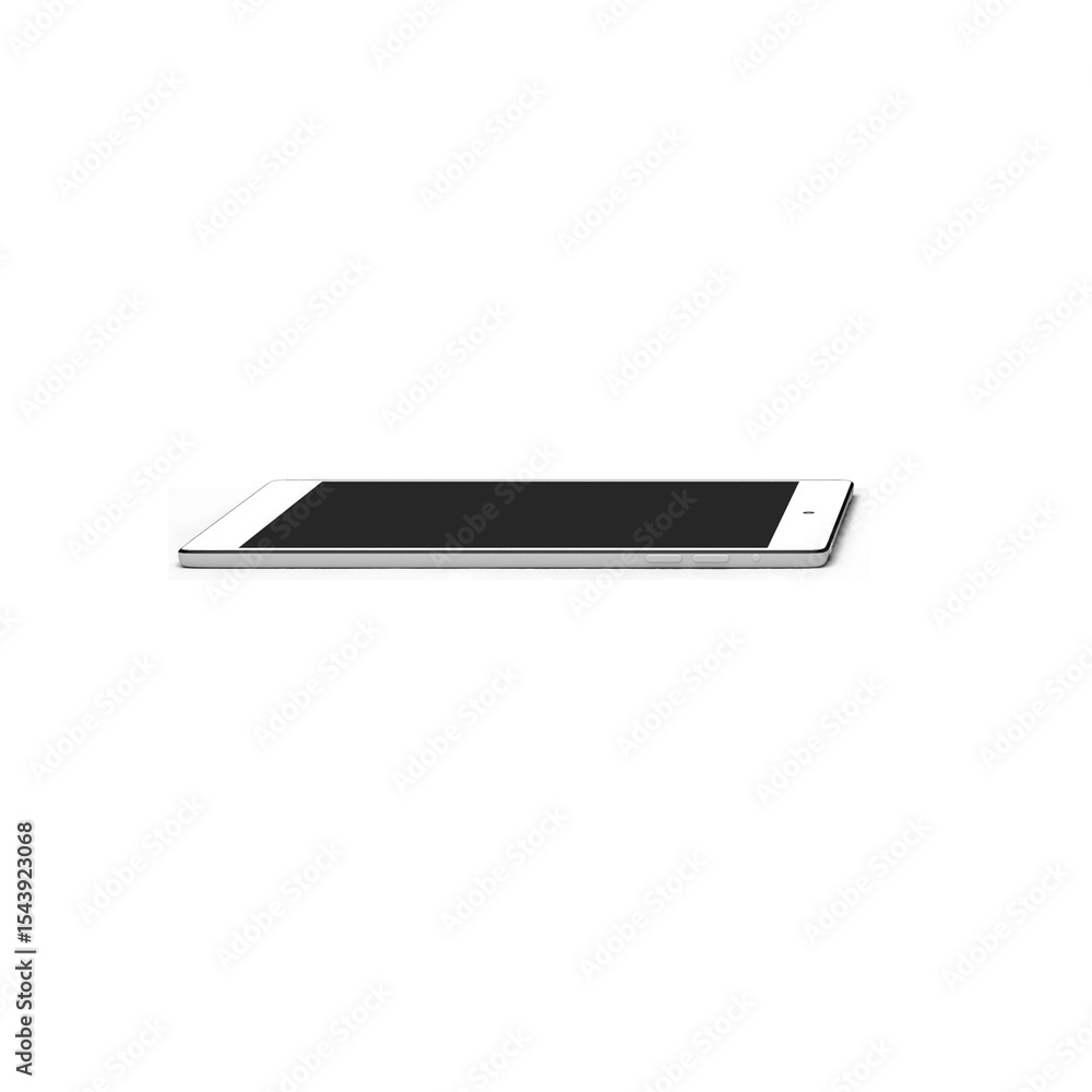 Poster a sleek, modern tablet device displayed at an angle, showcasing its minimalist design and touchscree
