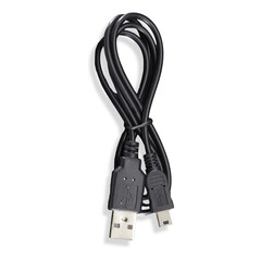 A black USB cable with connectors on both ends, used for data transfer and charging devices.