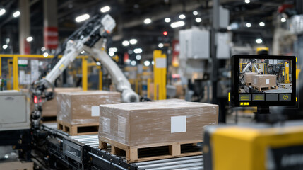 Fototapeta premium Smart factory interior showcasing robotic palletizing stations, where AI-controlled arms stack products precisely onto transport pallets under high-tech surveillance cameras