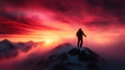 Fototapeta premium A lone hiker stands atop a rocky mountain peak silhouetted against a vibrant sunset, creating a striking contrast with the colorful sky and surrounding misty landscape.