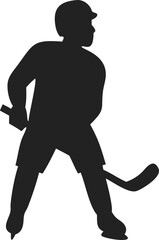 Silhouette of Hockey Player in Profile Wearing Helmet and Full Gear – Skating Pose with One Leg Forward and Hockey Stick in Hand – Solid Black Vector on White Background for Sports, Team Logos, 