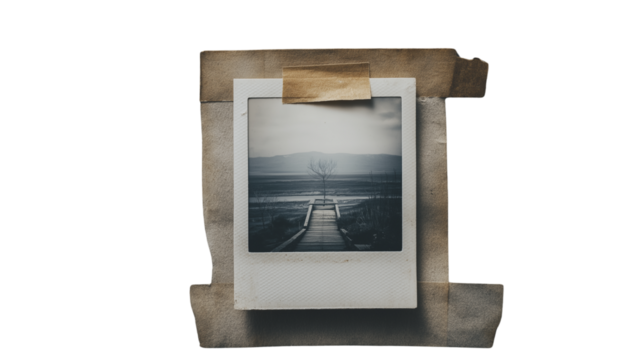 Blank polaroid photo taped with masking tape to textured surface, vintage mood, flat lay style