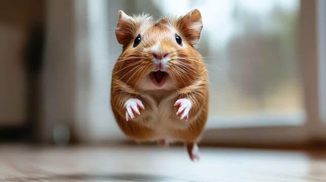 Featuring a cute guinea pig in mid-air, this delightful image conveys a sense of happiness and playfulness, captivating viewers with its vibrant depiction of animal joy.