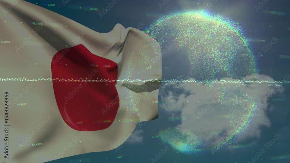 Poster opening sequence initiating flag emerging globe forming and data wave flickering under breeze