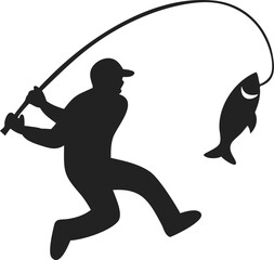 Silhouette of Excited Fisherman Jumping with Fishing Rod – Caught Fish on the Line in Mid-Action Pose – Bold Black Vector on White Background Symbolizing Outdoor Adventure, Victory, and Sport Fishing