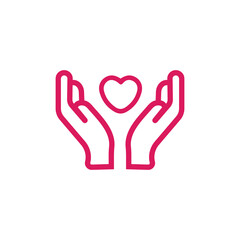 Black isolated outline icon of heart in hands on white background. Line icon of heart and hands. Symbol of care, love, charity.