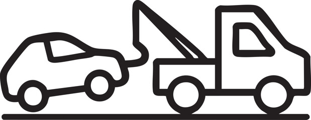 Simple Line Art Illustration of a Tow Truck Towing a Car on a Flat Surface Road