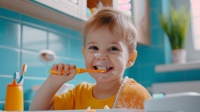 Cheerful happy child brushing teeth with a toothbrush. Dental hygiene of little kid, medical care. Morning routine for a family with small children