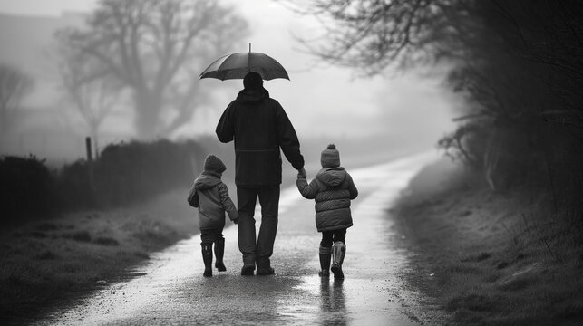 Black and white photo of father with two children walking under umbrella in autumn - Powered by Adobe