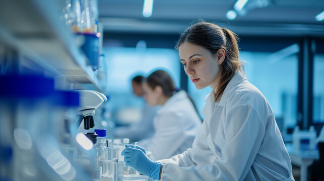 Female laboratory assistant in white coat near microscope studying test result