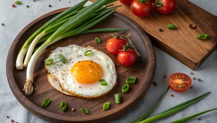 Sunny Side Up Egg on Wooden Plate with Green Onions and Tomatoes