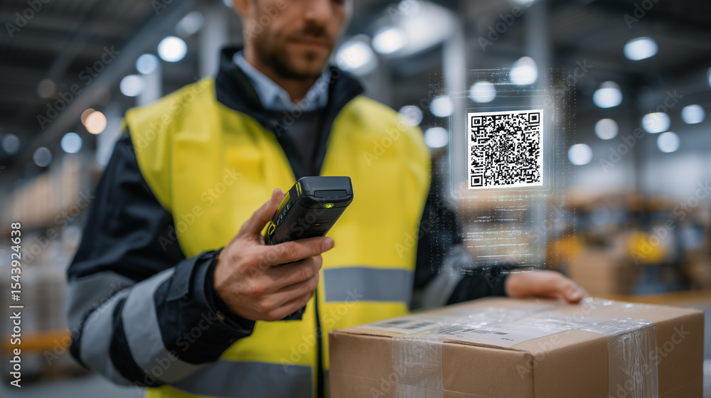 Poster close-up of a warehouse worker scanning a barcode on a shipping box with a handheld device, digital 