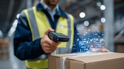 Close-up of a warehouse worker scanning a barcode on a shipping box with a handheld device, digital overlay showing real-time tracking data and route information, modern logistics