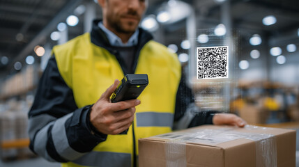 Close-up of a warehouse worker scanning a barcode on a shipping box with a handheld device, digital overlay showing real-time tracking data and route information, modern logistics