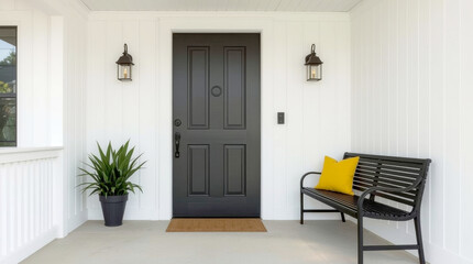 Fototapeta premium Black front door of white house, tree and bench, charming and modern home entrance featuring a bold black front door with simple paneling and a circular knocker