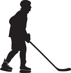 Silhouette of Child Hockey Player Holding Stick – Standing on Ice Skates with Loose Jacket and Shorts, Facing Slightly Left – Youth Sports Vector Depicting Movement, Anticipation, & Ice Hockey Spirit
