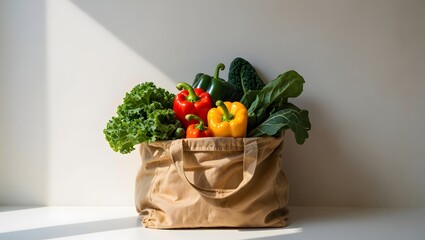 Tan Tote Bag Filled with Colorful Peppers Kale and Greens