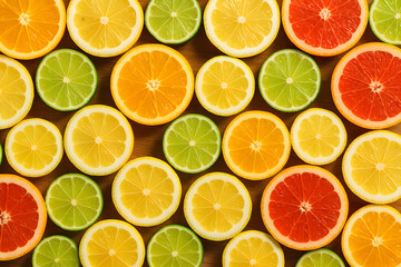 Fototapeta premium Assortment of freshly sliced citrus fruits oranges limes lemons grapefruit closeup isolated on white background