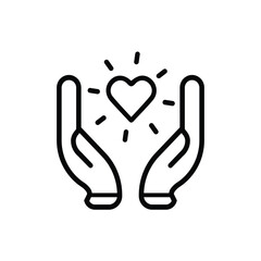 Black isolated outline icon of heart in hands on white background. Line icon of heart and hands. Symbol of care, love, charity.