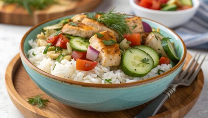 Teal Bowl Greek Chicken Rice Cucumber Tomato Dish greek food