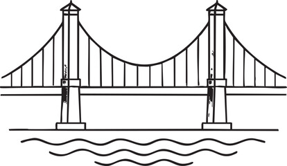 Simple Black and White Line Drawing of a Suspension Bridge Over Water with Two Towers and Cables