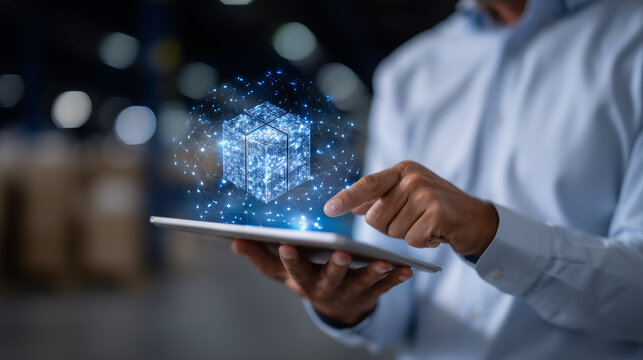 Supply chain manager reviewing tablet with blockchain-based shipment verification interface, transparent digital ledger and smart contracts visualized on screen