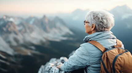 A serene elderly woman with silver hair sits on a rocky ledge, gazing at the breathtaking mountain vista during sunrise, evoking a sense of peace and reflection in nature.