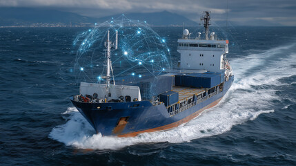 Cargo ship at sea with satellite communication antennas, digital globe overlay tracking the shipâs exact position and estimated port arrival time in real-time