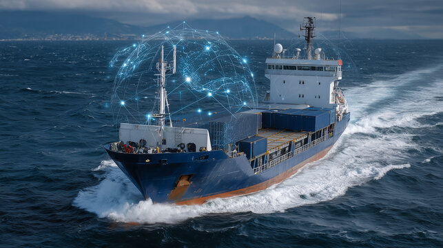 Cargo ship at sea with satellite communication antennas, digital globe overlay tracking the shipâs exact position and estimated port arrival time in real-time