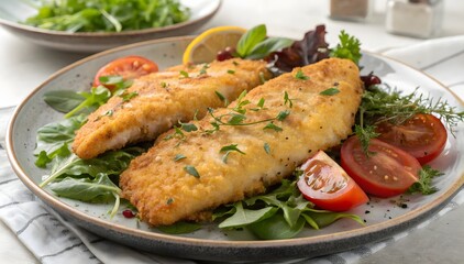 Two Crispy Fried Fish Fillets Lemon Herb Salad breaded