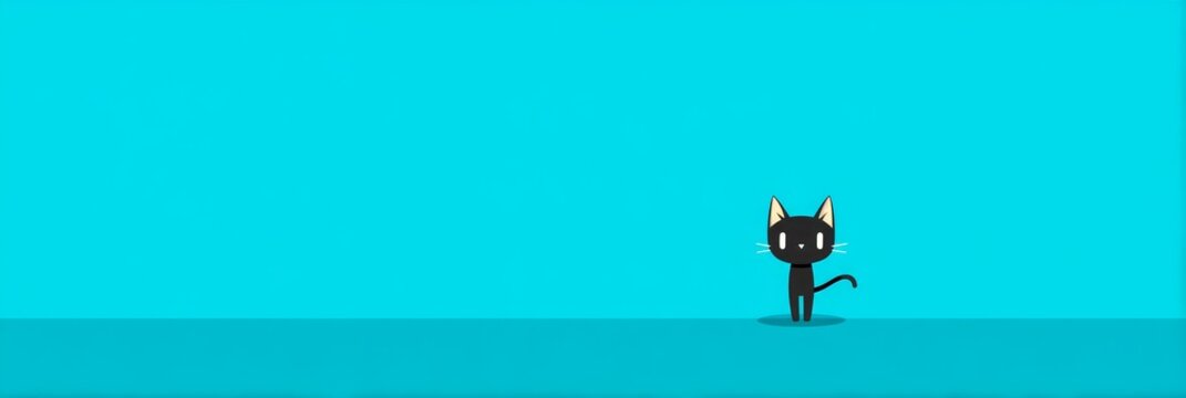 Charming Black Cat Studio Illustration - Cute black cat art, minimalist design, aqua background, simple , playful pet