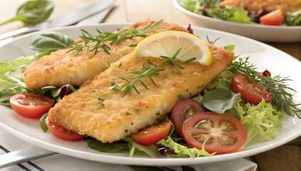 Two Crispy Fried Fish Fillets Lemon Rosemary Salad