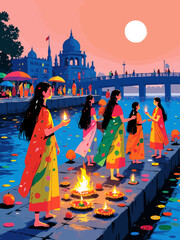 Chhath Puja ghat in India with women in vibrant saris performing traditional rituals by the river at sunrise, offering fruits and lamps, celebrating faith and culture