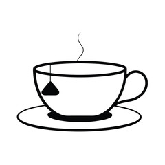 Tea cup with saucer and teabag in line style Vector illustration