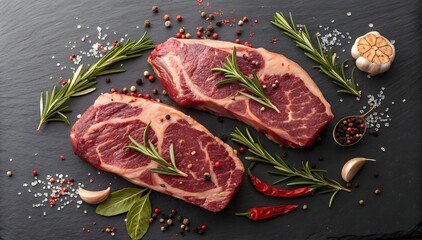 Two Raw Ribeye Steaks Rosemary Garlic Pepper Slate