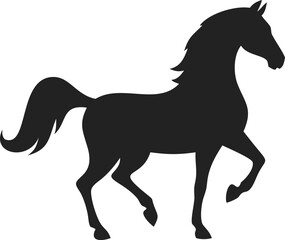 Stylized Silhouette of Trotting Horse in Solid Black – High Head, Flowing Mane, Raised Tail, and Smooth Muscular Curves Depicting Graceful Motion and Vitality – Elegant Equine Vector for Logos, Prints