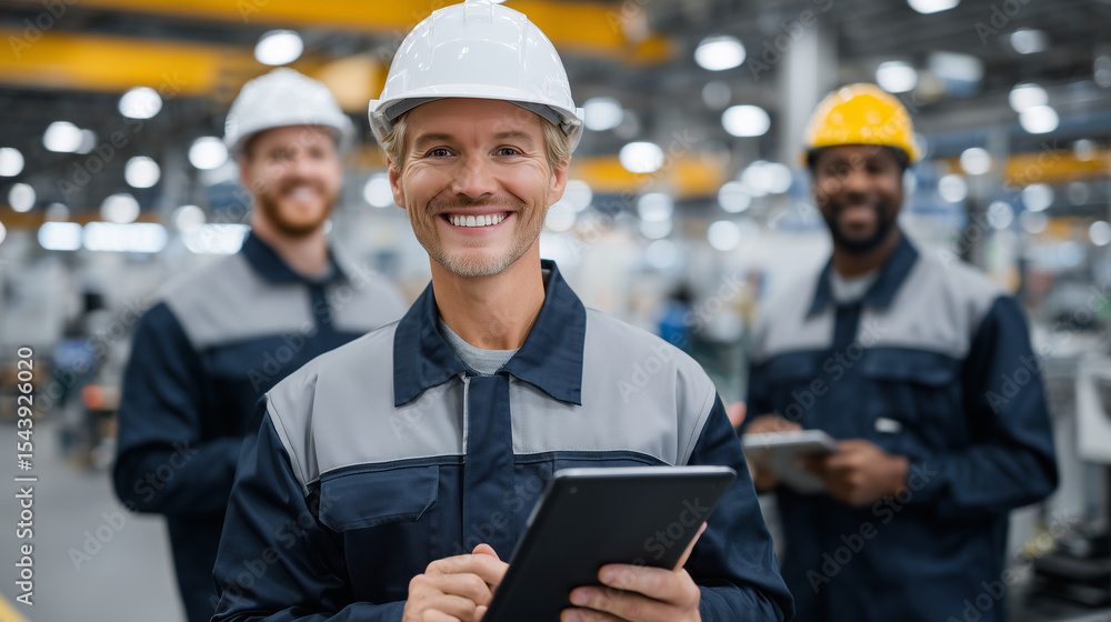 Poster multi-ethnic team of factory workers using tablets for digital checklist and compliance audits, clea