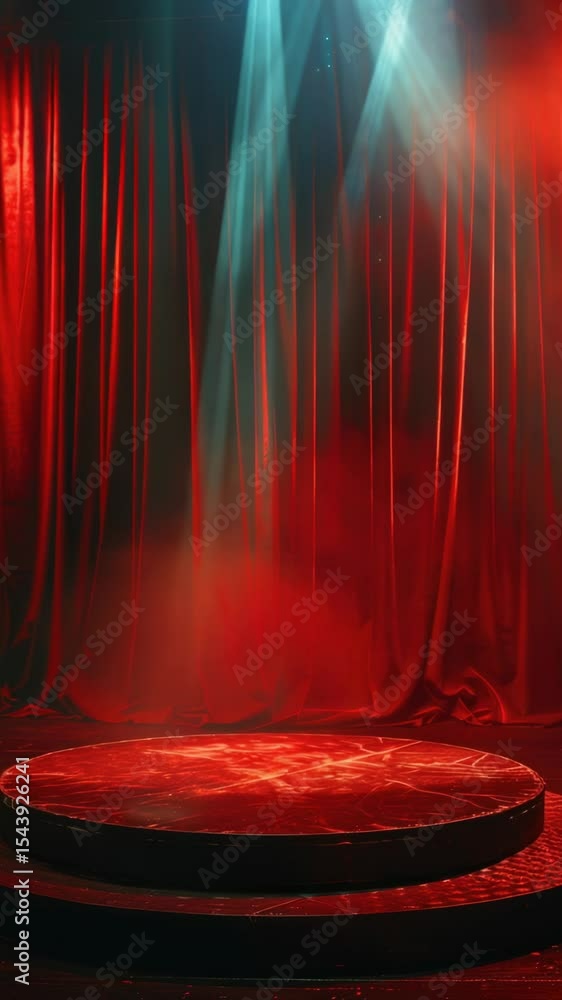 Poster a stage with a red curtain and a stage platform, suitable for various performances